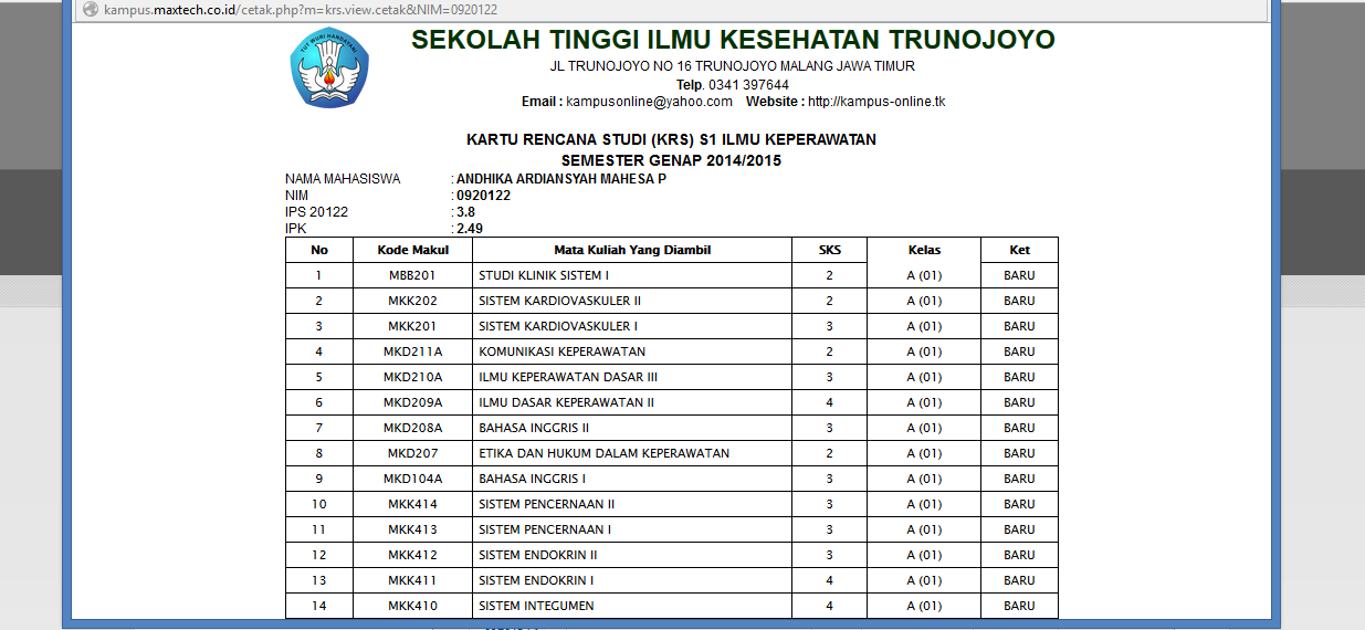 Cetak KRS Mahasiswa Sistem Informasi Akademik Kampus Support Feeder PDDIKTI Sistem Informasi Akademik Kampus / Universitas Berbasis Website