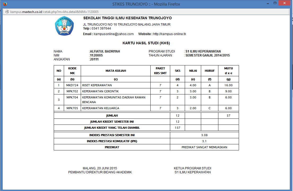 Cetak Kartu Hasil Studi (KHS) Mahasiswa Sistem Informasi Akademik Kampus Support Feeder PDDIKTI Sistem Informasi Akademik Kampus / Universitas Berbasis Website