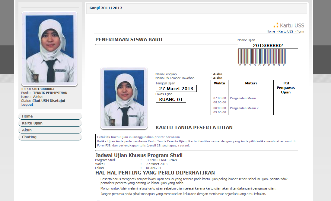 PSB Online Cetak Kartu Ujian